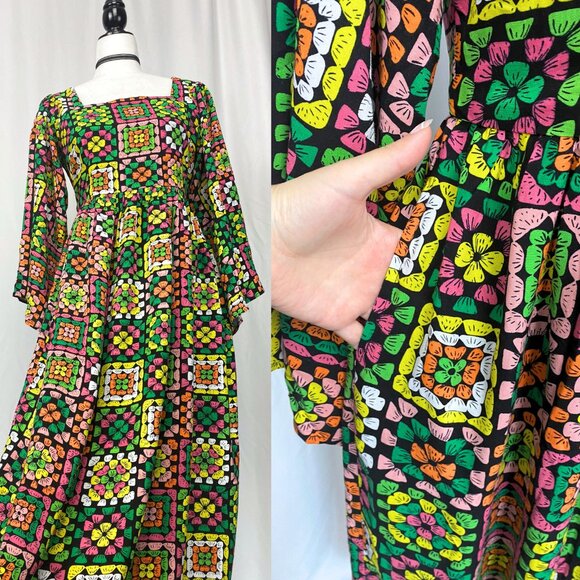 Dawn O’Porter X Joanie Casino Granny Square Print maxi midaxi dress 6 medium NWT - Picture 3 of 8